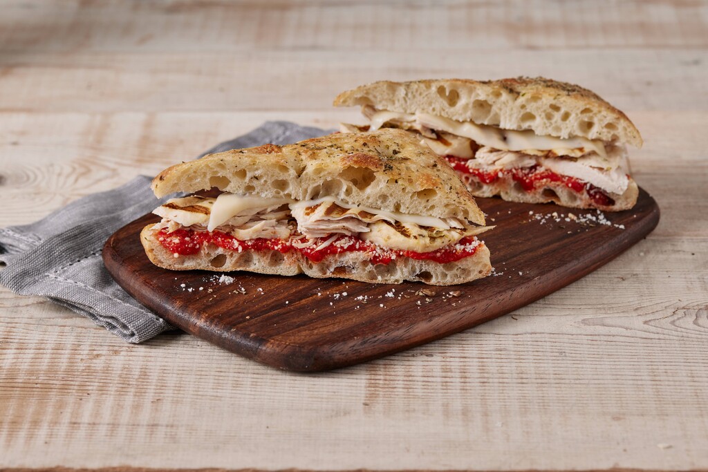 A photo of a Chicken Parmesan Sandwich on Focaccia